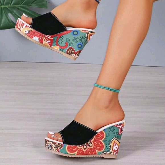 Shoes - Women's Wedge Heeled Sandals, Floral Print Peep Toe Slip-On High Heels